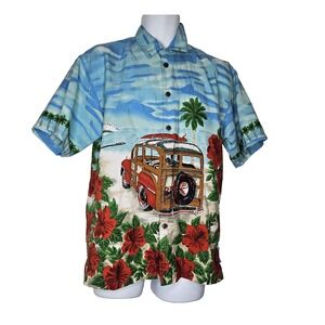 Hang Ten Vtg Mens 16 Hawaiian shirt Floral Beach Palm trees Woody Car Surfing